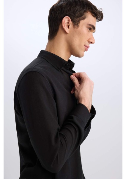Regular Fit Polo Yaka Keten Görünümlü Uzun Kollu Siyah Gömlek E1204AX25SM