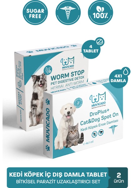 Kedi Köpek İç Dış Parazit Damlası ve Tableti Seti - Parazit Uzaklaştırıcı Bitkisel Damla - Ödül Tablet Seti - Bit Pire Giderici Damla ( 4 İç Parazit + 4 Dış Parazit )