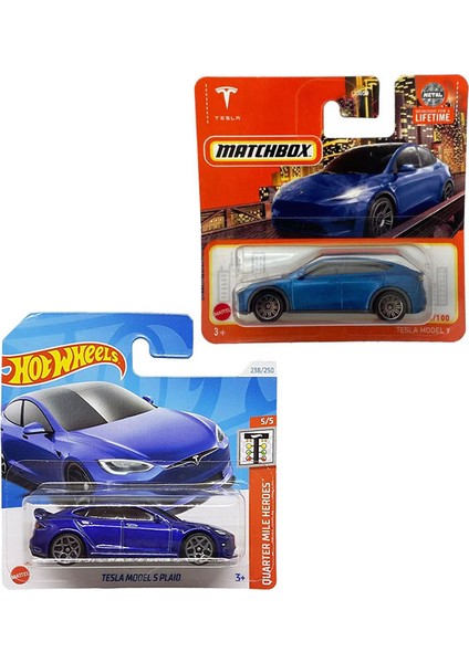 2 Araç Mavi Tesla Set - Hot Wheels Tesla Model S Plaid & Matchbox Tesla Model Y (1/64)