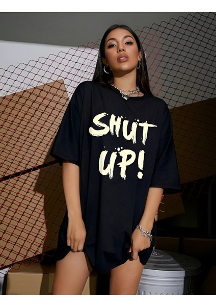 Shut Up! Yazı Baskılı Beyaz Oversize Pamuklu Kadın T-Shirt modelleri
