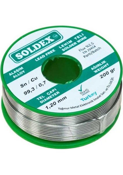 Soldex Kurşunsuz 1.2mm 200 Gram Lehim Teli 99.3/cu 0.7