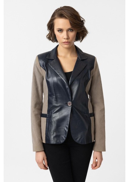 Indigo Jane Blazer Kumaş Garnili Kadın Hakiki Deri Ceket