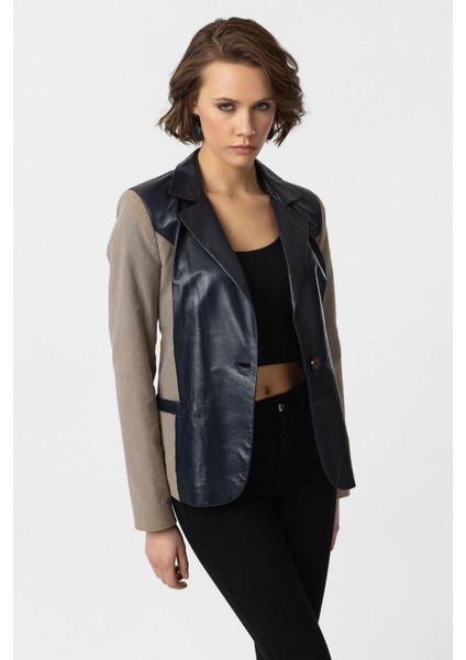 Indigo Jane Blazer Kumaş Garnili Kadın Hakiki Deri Ceket