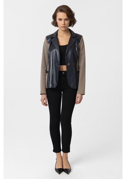Indigo Jane Blazer Kumaş Garnili Kadın Hakiki Deri Ceket