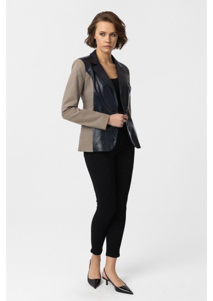 Indigo Jane Blazer Kumaş Garnili Kadın Hakiki Deri Ceket