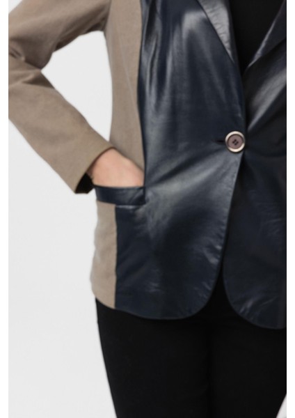 Indigo Jane Blazer Kumaş Garnili Kadın Hakiki Deri Ceket