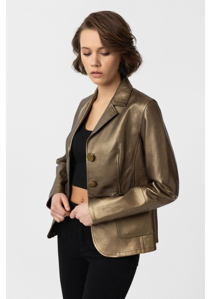 Gold Bloom Blazer Kadın Hakiki Deri Ceket