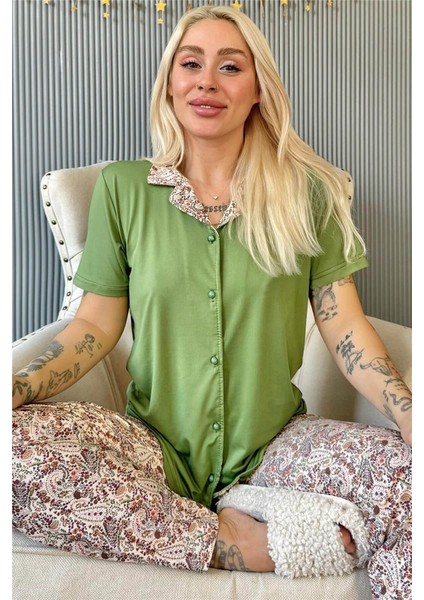 Koyu Yeşil Florado Exclusive Önden Düğmeli Kısa Kollu Kadın Pijama Takımı