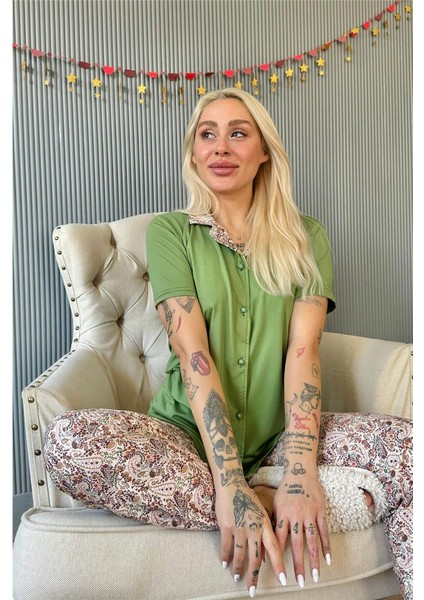 Koyu Yeşil Florado Exclusive Önden Düğmeli Kısa Kollu Kadın Pijama Takımı fiyatları
