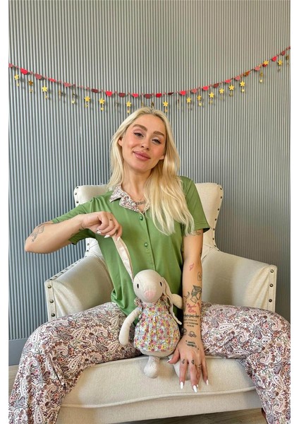 Koyu Yeşil Florado Exclusive Önden Düğmeli Kısa Kollu Kadın Pijama Takımı modelleri