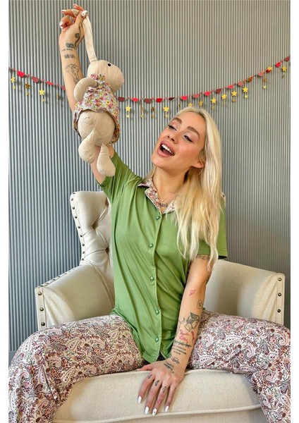 Koyu Yeşil Florado Exclusive Önden Düğmeli Kısa Kollu Kadın Pijama Takımı fırsatları
