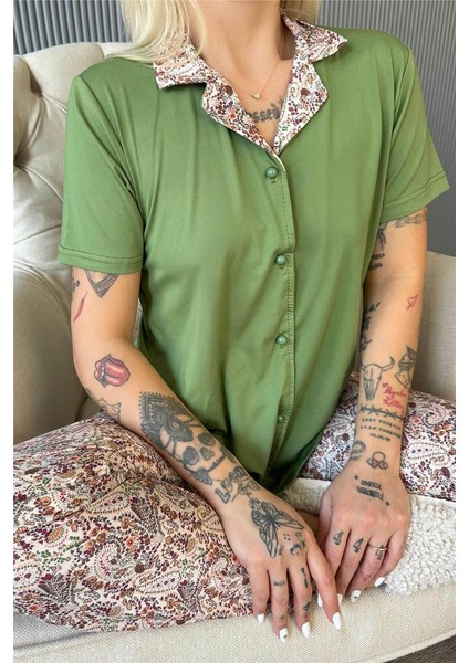 Koyu Yeşil Florado Exclusive Önden Düğmeli Kısa Kollu Kadın Pijama Takımı indirimleri