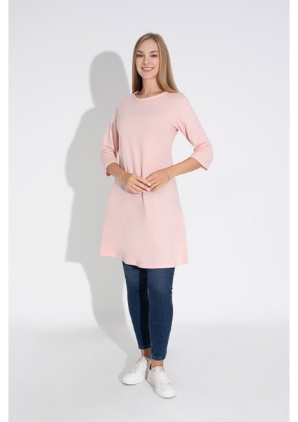 Kadın Pembe Renkli Bol Kesim Bisiklet Yaka Truvakar Kol Tunik T-408