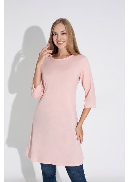 Kadın Pembe Renkli Bol Kesim Bisiklet Yaka Truvakar Kol Tunik T-408 fırsatları