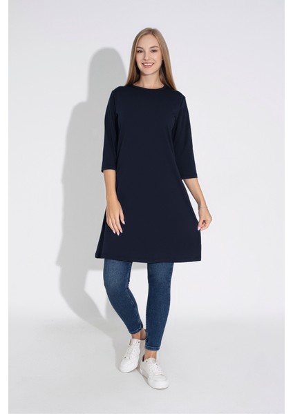 Kadın Lacivert Renkli Bol Kesim Bisiklet Yaka Truvakar Kol Tunik T-407 modelleri