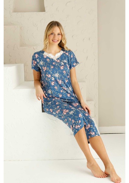 Kadın Çiçek Desen Dantel Detay Viskon Kısa Kol Kapri Pijama Takımı fiyatları