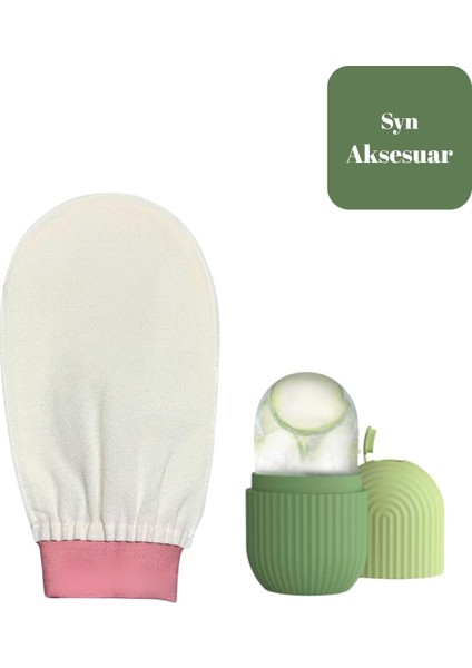2 'li Set Banyo Duş Kesesi Peeling Eldiveni Floş İpek- Buz Küpü Yüz Masaj Aleti