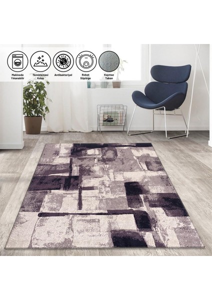 Modern Abstrak Geometrik Desenli Pastel Gri Halı Kaymaz Taban Makinada Yıkanabilir