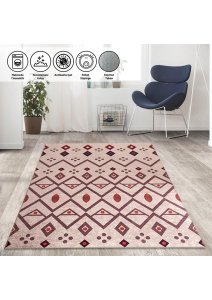 Iskandinav Kilim Tarzı Salon Oda Mutfak Halısı Bej Kırmızı Halı Kaymaz Yıkanabilir