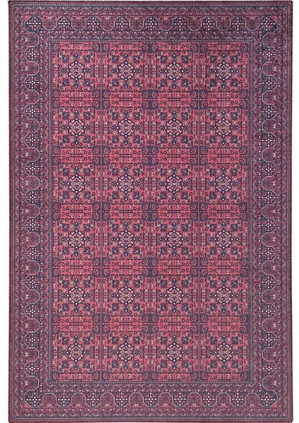 Modern Klasik Afgan Desenli Kırmızı Siyah Halı Kaymaz Taban Makinada Yıkanabilir