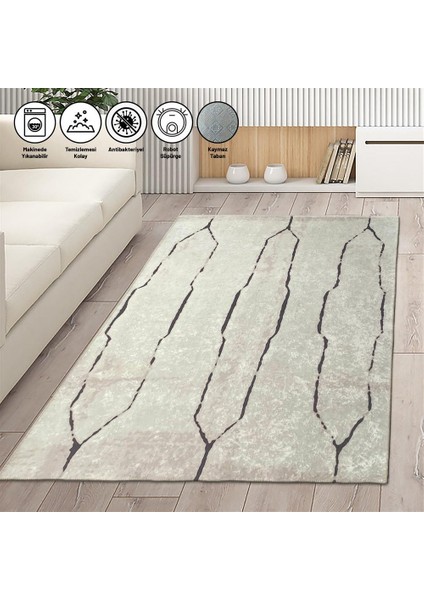 Iskandinav Çizgi Desenli Krem Renkli Modern Halı Kaymaz Taban Makinada Yıkanabilir