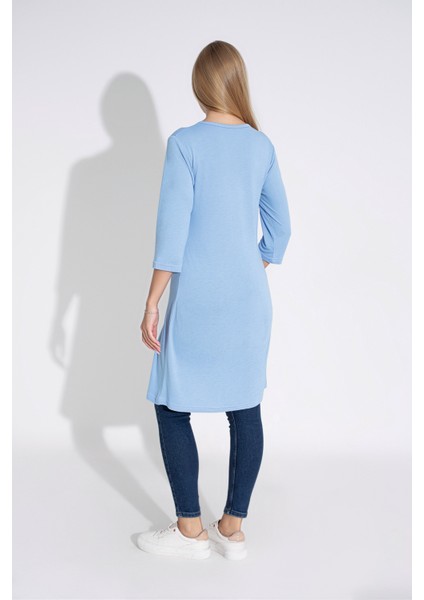 Kadın Mavi Renkli Bol Kesim Bisiklet Yaka Truvakar Kol Tunik T-400