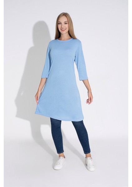 Kadın Mavi Renkli Bol Kesim Bisiklet Yaka Truvakar Kol Tunik T-400 fiyatları