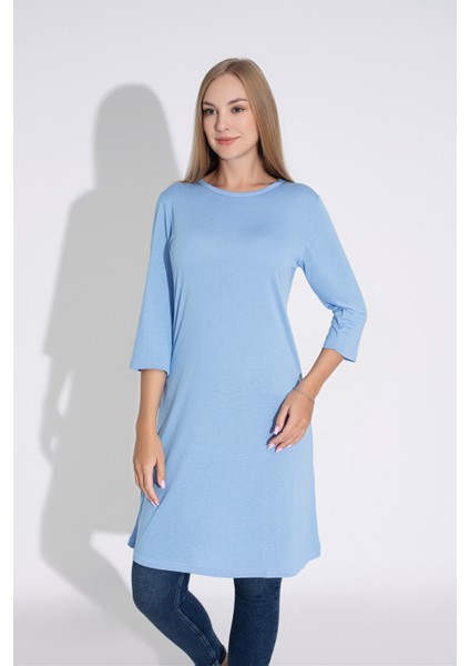 Kadın Mavi Renkli Bol Kesim Bisiklet Yaka Truvakar Kol Tunik T-400 modelleri