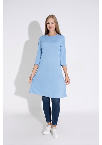 Kadın Mavi Renkli Bol Kesim Bisiklet Yaka Truvakar Kol Tunik T-400 fırsatları