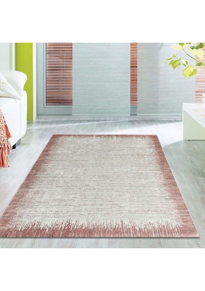Modern Abstrak Yağmur Bordür Desenli Rose Beyaz Halı Kaymaz Yıkanabilir
