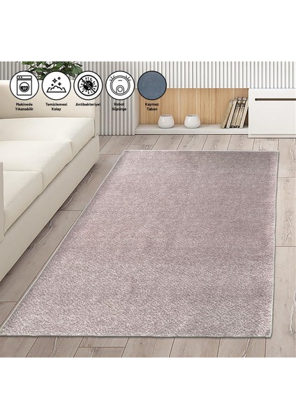 Modern Desenli Bulanık Pudra Rose Şönil Dokuma Halı Kaymaz Tabanlı