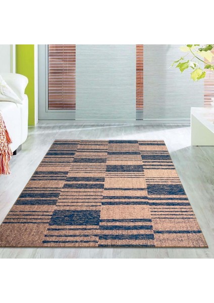 Çizgi Tarama Modern Desenli Bej Mavi Halı Kaymaz Yıkanabilir