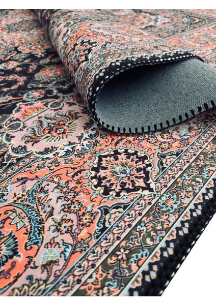Bambu Halı Salon Halısı Post Pelüş Halı Klasik Desenli Siyah Turuncu Halı