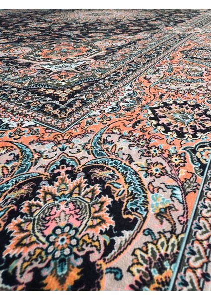 Bambu Halı Salon Halısı Post Pelüş Halı Klasik Desenli Siyah Turuncu Halı