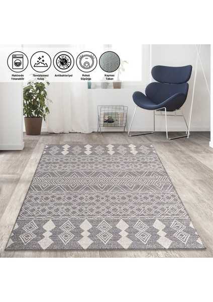 Marokan Tarzı Salon Halısı Otantik Kilim Desenli Açık Gri Halı Kaymaz Taban Makinada Yıkanabilir