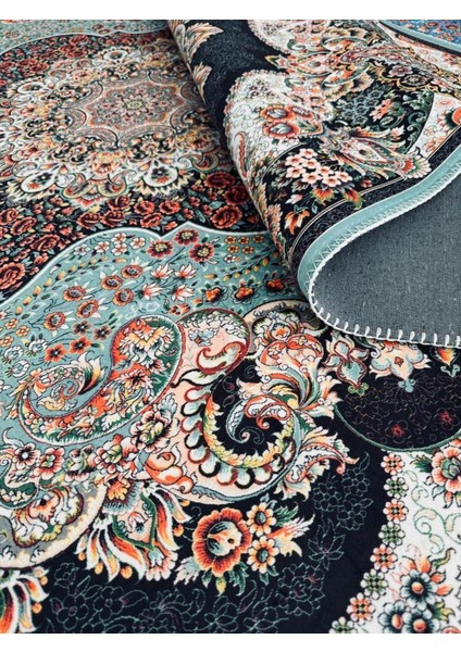 Bambu Halı Salon Halısı Post Pelüş Halı Klasik Desenli Siyah Yeşil Renklerde Halı