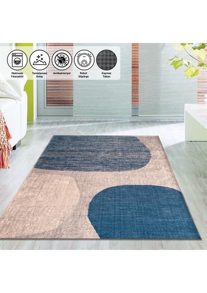 Modern Abstrak Geometri Desenli Mavi Bej Halı Kaymaz Taban Makinada Yıkanabilir