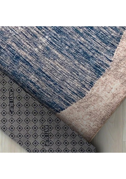 Modern Abstrak Geometri Desenli Mavi Bej Halı Kaymaz Taban Makinada Yıkanabilir