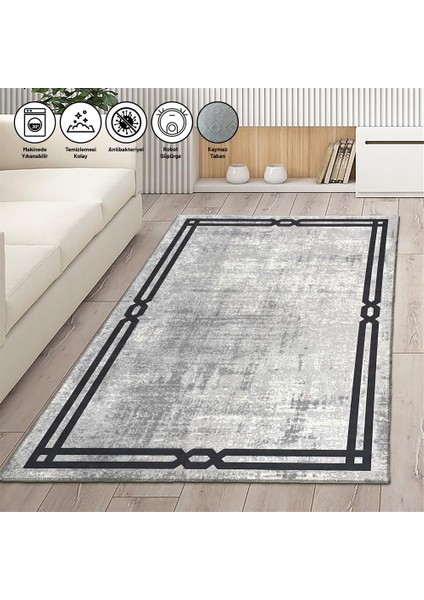 Modern Abstrak Bordür Desenli Salon Mutfak Oda Halısı Siyah Gri Halı Kaymaz Yıkanabilir