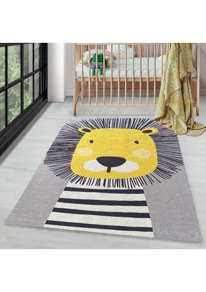Çocuk Bebek Halısı Sevimli Aslan Desenli Gri Halı Yıkanabilir Kaymaz Taban