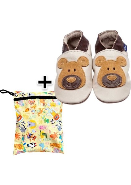 Ikili Set, Yorni Çanta 30X36CM, Summer ve 2-3 Yaş Bebek Bear Cream Tan El Yapımı Hakiki Deriden Patik