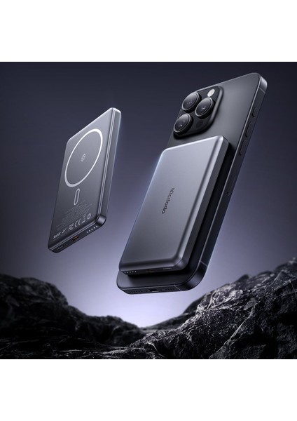 MC-4641 20W 5000mAh Metal Ultra Ince Manyetik Kablosuz Power Bank Siyah
