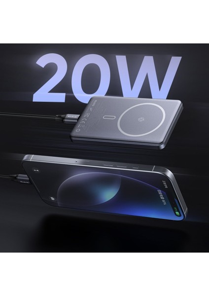 MC-4641 20W 5000mAh Metal Ultra Ince Manyetik Kablosuz Power Bank Siyah