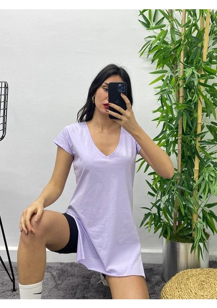 V Yaka Yanı Yırtmaçlı Maxi T-Shirt fırsatları