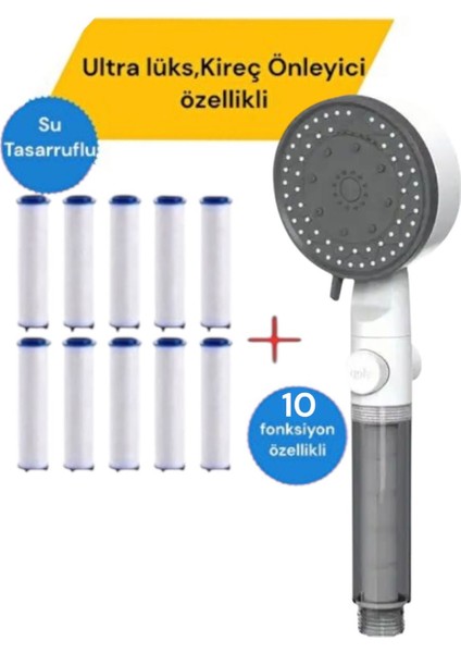 10 Fonksiyonlu Su Tasarruflu Duş Başlığı 10 Adet Yedek Filtreli Kireç Önleyici ve Yüksek Basınçlı