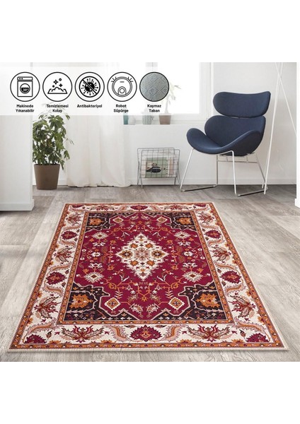 Klasik Iran Tarzı Barok Desenli Salon Oda Halısı Kırmızı Krem Halı Kaymaz Yıkanabilir