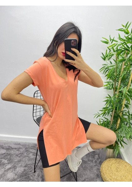 V Yaka Yanı Yırtmaçlı Maxi T-Shirt modelleri