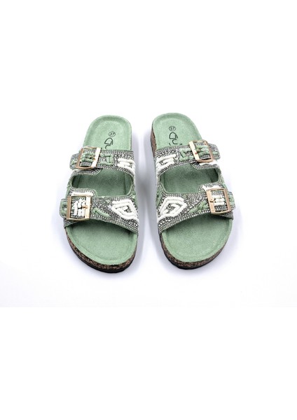 G25Y1023 Taş ve Pul Detaylı Çift Tokalı Mint Yeşil Kadın Terlik modelleri
