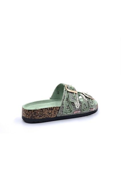 G25Y1023 Taş ve Pul Detaylı Çift Tokalı Mint Yeşil Kadın Terlik fırsatları