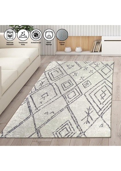Iskandinav Geometrik Desenli Krem Halı Kaymaz Yıkanabilir